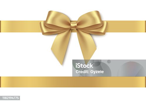 istock Decorative golden bow with horizontal ribbon isolated on white background. 1182194775