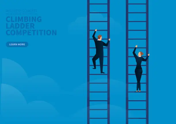 Vector illustration of businessman and businesswoman contest climbing ladder