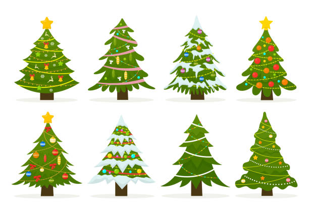 Christmas trees set isolated on white background. Christmas trees set isolated on white background. Colorful winter trees collection for holiday xmas and new year. Vector illustration. light through trees stock illustrations