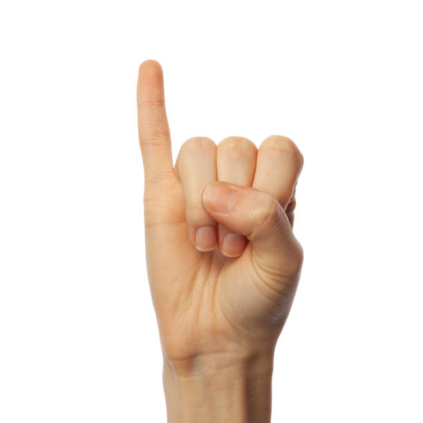 istock Finger spelling letter I in ASL on white background. American Sign Language concept 1182201709