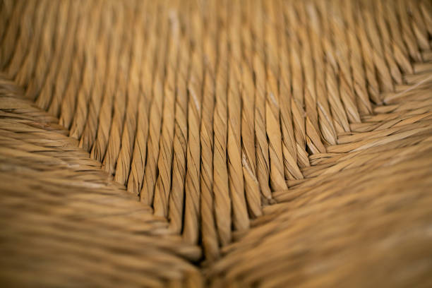 Closeup view of a rattan chair with a white cushion in the sunlight on a balcony.