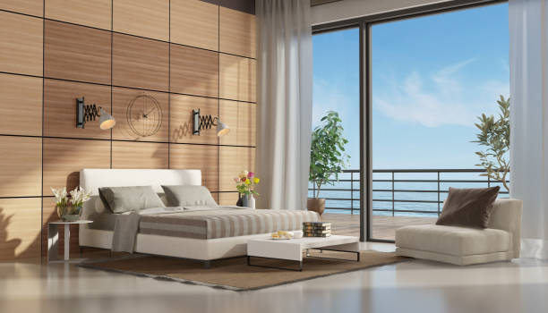 istock Master bedroom with terrace overlooking the sea 1182202849