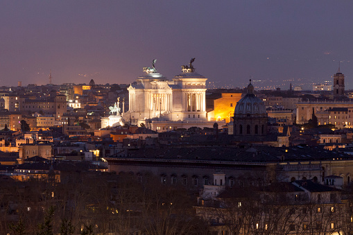 Aerial view of the Altare della Patria in Rome by night