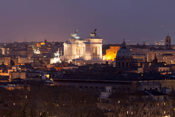 aerial view of the altare della patria in rome by night - rome cityscape aerial view city imagens e fotografias de stock