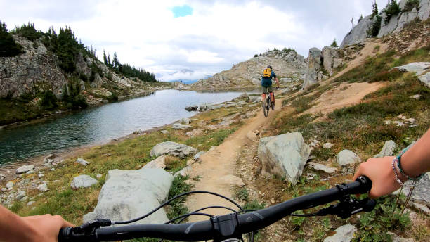 istock Female mountain biker follows friend down trail 1182204059