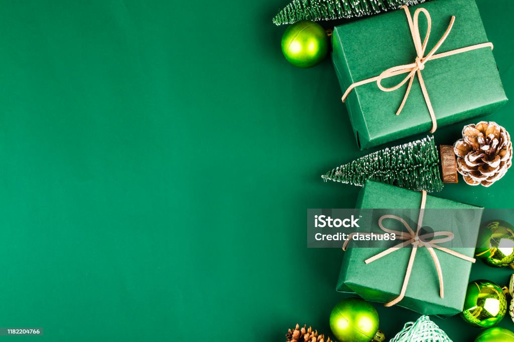 Christmas background with gift boxes,  Preparation for holidays. Top view with copy space. Christmas Stock Photo