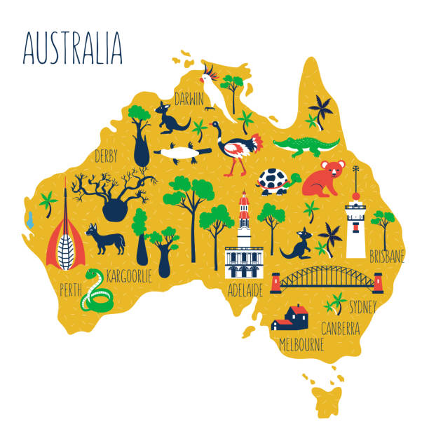 australien cartoon reise karte vektor-illustration, wahrzeichen perth glockenturm, harbour bridge von sydney, alte windmühle brisbane, captain cooks cottage von melbourne, rathaus adelaide, wilde tier symbol - koala australia sydney australia animal stock-grafiken, -clipart, -cartoons und -symbole