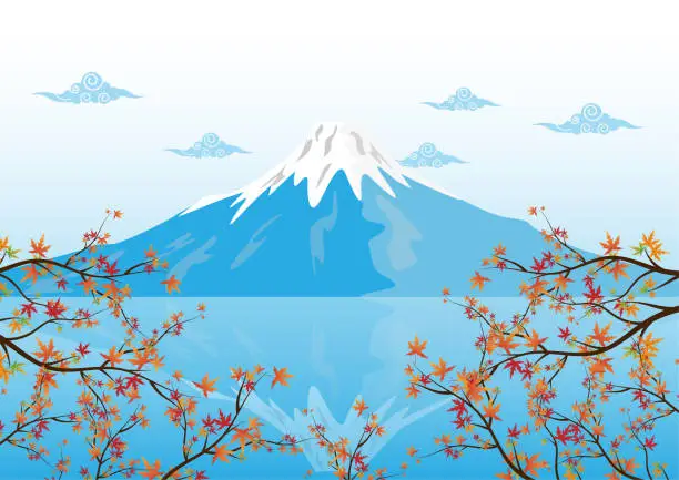 Vector illustration of Mountain fuji, famous landmarks of Japan with maple leaf vector illustration.