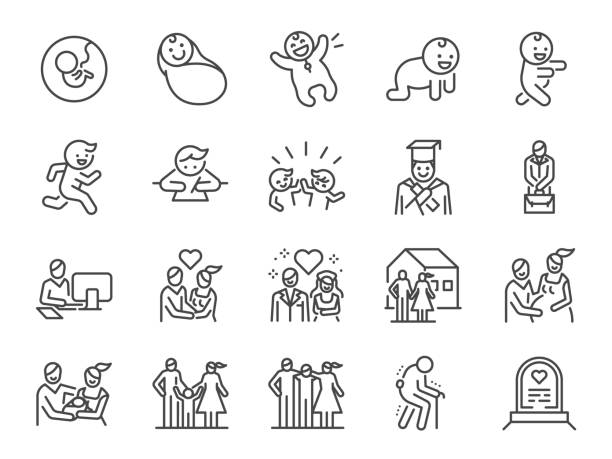 life-cycle-linie-symbol gesetzt. enthalten ikonen wie geburt, kind, tod, wachsen, familie, glücklich und mehr. - lebensstil stock-grafiken, -clipart, -cartoons und -symbole