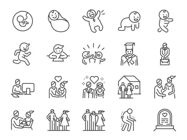 Vector illustration of Life Cycle line icon set. Included icons as birth, child, death, growing, family, happy and more.