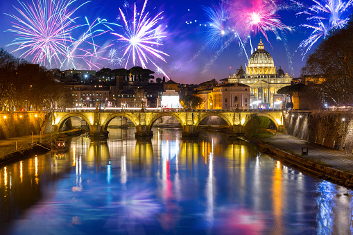Fireworks display over the Vatican city with Saint Angelo Bridge, Rome