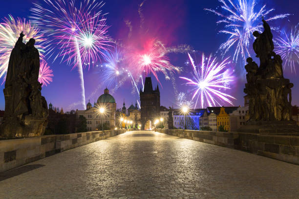 istock Fireworks display over the Charles bridge in Prague 1182212368