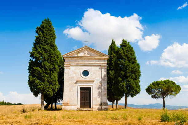 Madonna di Vitaleta chapel in summer in a sunny day stock photo