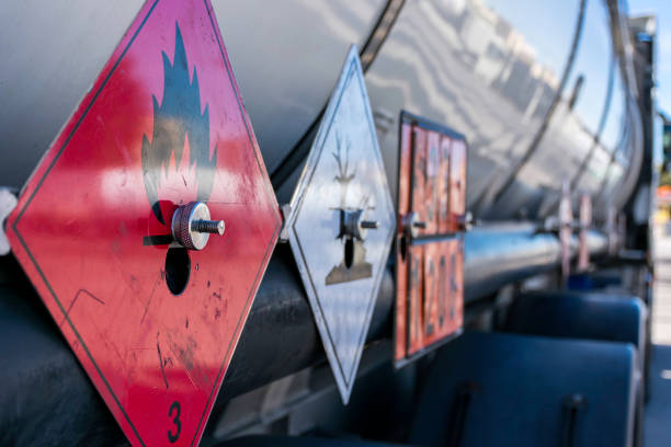 Dangerous goods Labels and plates with danger number on a tank truck armored vehicle photos stock pictures, royalty-free photos & images