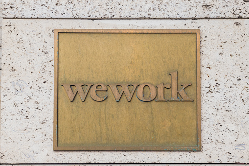 London. 21 May 2019. A view of Wework signage in the City of London in London