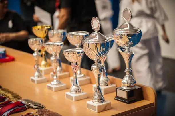 Photo of Gold champion trophies and medals lined up in rows