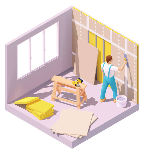 ilustrações de stock, clip art, desenhos animados e ícones de vector isometric worker plastering wall - plaster plasterboard trowel construction worker