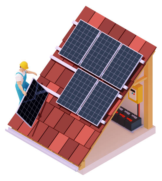 ilustrações de stock, clip art, desenhos animados e ícones de vector isometric solar panel installation - solar panel