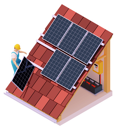 Vector isometric solar panel installation. Worker on the house roof installing alternative energy photovoltaic solar panels. Electric batteries, switchboard or distribution board