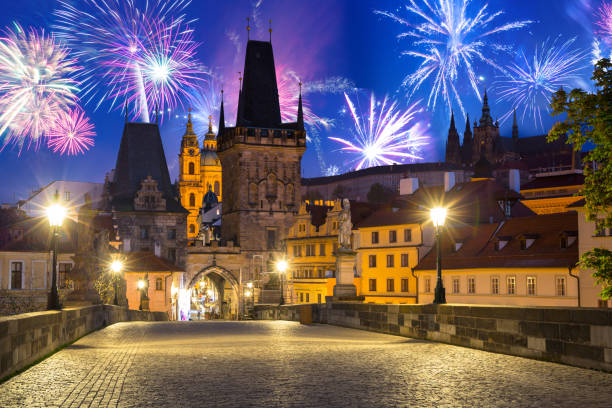 ireworks display over the Charles bridge in Prague