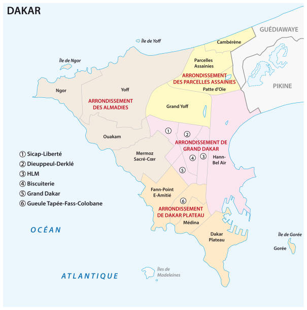 illustrazioni stock, clip art, cartoni animati e icone di tendenza di mappa amministrativa della dakar capitale senegalese - dakar region