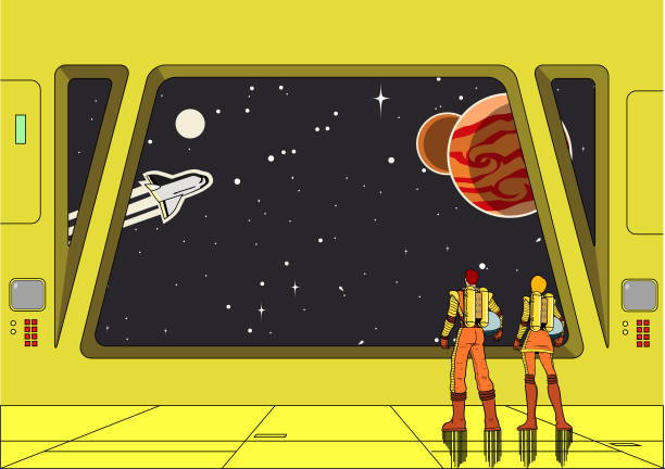Vector Retro Space Astronaut Couple inside Spaceship Looking at Outer Space A retro pop art style illustration of a couple of astronauts standing inside a spaceship while looking at outer space through window. Wide space available for your copy. space exploration illustrations stock illustrations