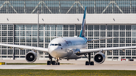 The plane taxiing on runway ready to take off