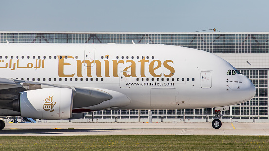 Munich, Germany - May 22, 2019: An Airbus A380-861 from Emirates is getting ready to take off from Munich Airport. The A6-EEI aircraft was manufactured as the 123rd Airbus A380 and has been in service for the Emirates since June 2013.