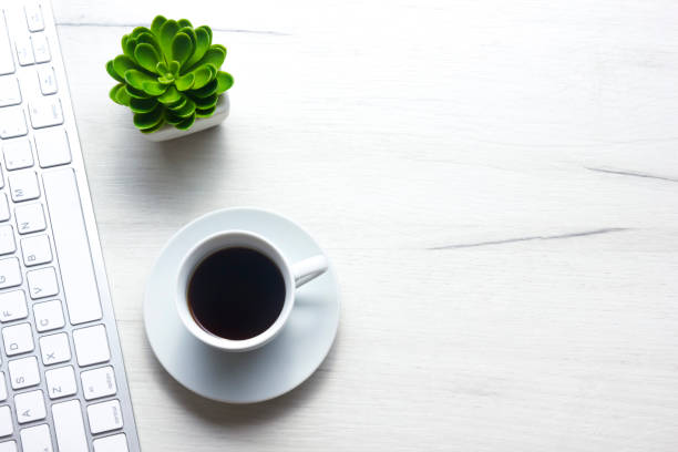 istock Office desk table with supplies. Flat lay Business workplace and objects. Top view. Copy space for text 1182218350