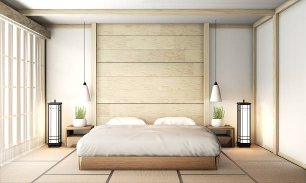 sovrum zen interior design med tatami matta golv och trä vägg design. 3d-rendering - tatami mat bildbanksfoton och bilder