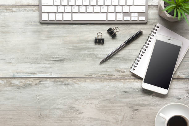 istock Office desk table with supplies. Flat lay Business workplace and objects. Top view. Copy space for text 1182220087