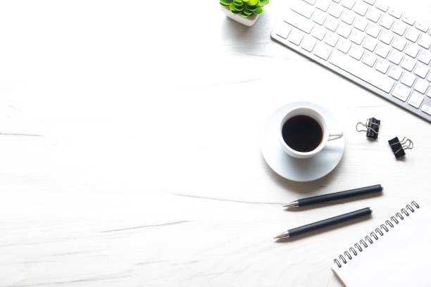 istock Office desk table with supplies. Flat lay Business workplace and objects. Top view. Copy space for text 1182221060