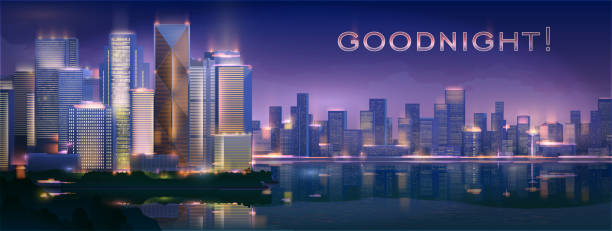 istock Good night. Stock vector illustration background city night in neon style architecture buildings and monuments town country travel flyer. Eps 10. 1182221358