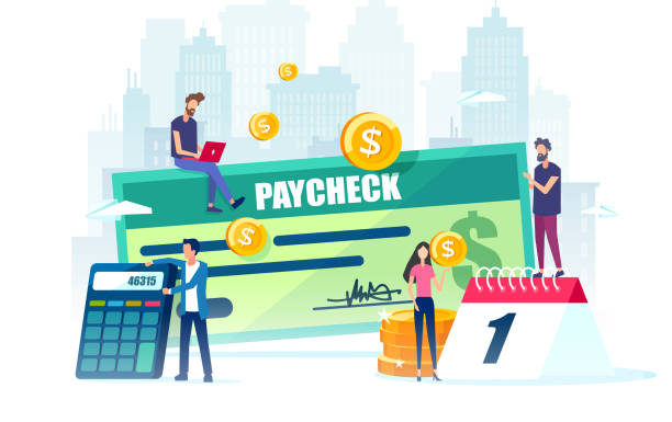 Salary and payroll concept. Vector of employees, calendar with payday and a paycheck Salary and payroll concept. Vector of employees, calendar with payday and a paycheck wages illustrations stock illustrations