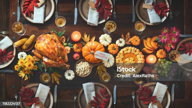 Thanksgiving Celebration Traditional Dinner Stock Photo - Download Image Now - Thanksgiving - Holiday, Dinner, Table