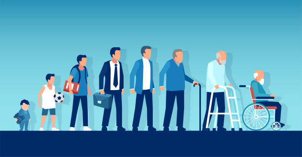 Vector of a growing up baby becoming adolescent, mature man and elderly disabled guy through age evolution stages Different generations and life cycle concept. Vector of a growing up baby becoming adolescent, mature man and elderly disabled guy through age evolution stages the ageing process stock illustrations