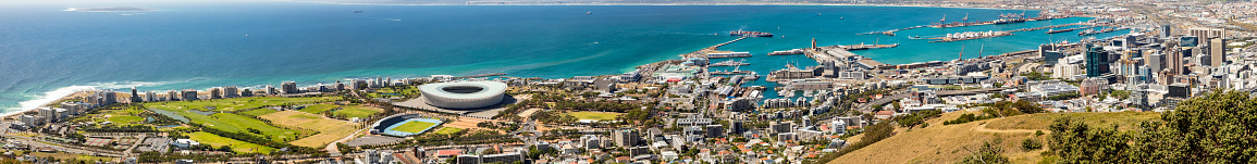 Cape Town, South Africa - October 13, 2019: Elevated Panoramic view of Green Point and Docks in Cape Town South Africa