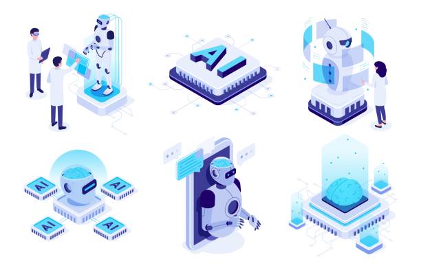 Isometric artificial intelligence. Digital brain neural network, AI servers and robots technology vector illustration set Isometric artificial intelligence. Digital brain neural network, AI servers and robots technology, artificial bot mind and intelligent robotic building. Isolated vector illustration icons set artificial intelligence stock illustrations