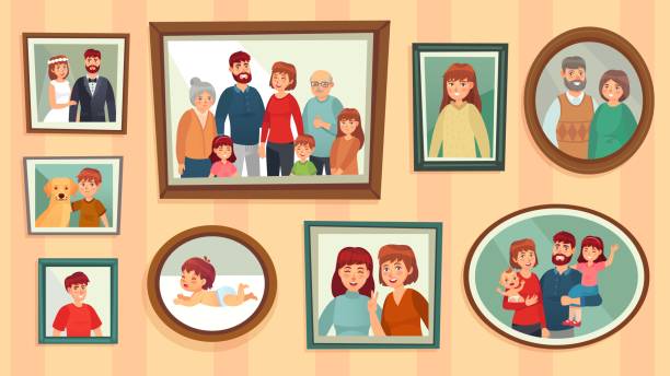 kreskówkowe rodzinne ramki do zdjęć. portrety szczęśliwych ludzi w ramkach na zdjęciach ściennych, ilustracja wektorowa zdjęć portretowych rodziny - ściana ilustracje stock illustrations