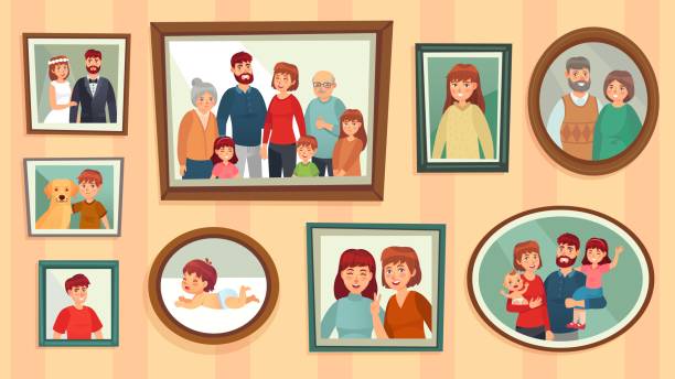 Cartoon family photo frames. Happy people portraits in wall picture frames, family portrait photos vector illustration Cartoon family photo frames. Happy people portraits in wall picture frames, family portrait photos. Families generation framed portraits, dynasty photograph wall decor vector illustration family pictures stock illustrations