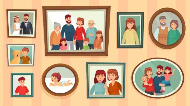 Vector illustration of Cartoon family photo frames. Happy people portraits in wall picture frames, family portrait photos vector illustration