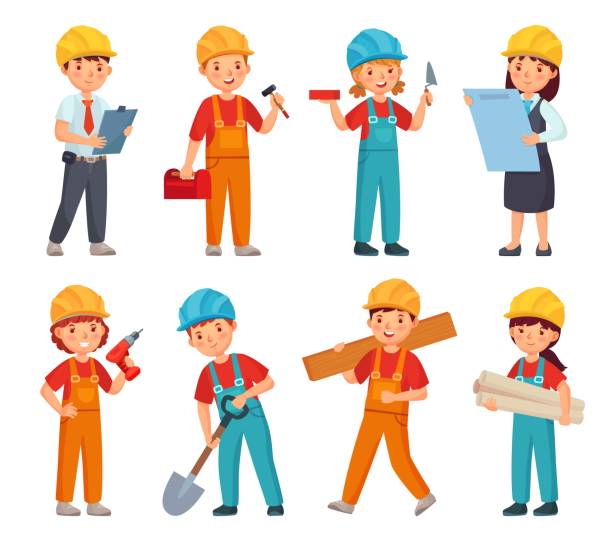 illustrazioni stock, clip art, cartoni animati e icone di tendenza di costruttori di bambini. ragazzini e ragazze in tuta da lavoro costruttore, bambini in casco da costruzione e costumi di ingegneria cartoon vector set - child building activity construction engineer