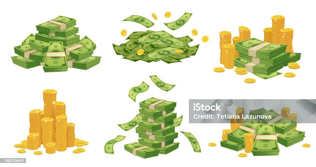 Cartoon Money And Coins Green Dollar Banknotes Pile Golden Coin And Rich  Vector Illustration Set Stock Illustration - Download Image Now - iStock
