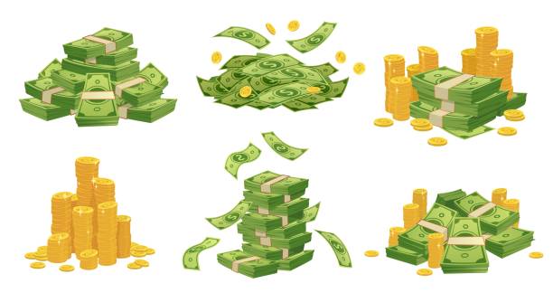 Cartoon money and coins. Green dollar banknotes pile, golden coin and rich vector illustration set Cartoon money and coins. Green dollar banknotes pile, golden coin and rich. Bank debt bill investment, earnings treasure or jackpot money capital. Isolated vector illustration icons set us paper currency stock illustrations