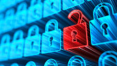 Encryption your data. Digital Lock. Hacker attack and data breach. Big data with encrypted computer code. Safe your data. Cyber internet security and privacy concept. Database storage 3d illustration