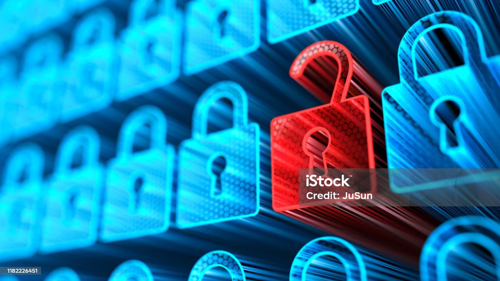 Encryption your data. Digital Lock. Hacker attack and data breach. Big data with encrypted computer code. Safe your data. Cyber internet security and privacy concept. Database storage 3d illustration Security Stock Photo
