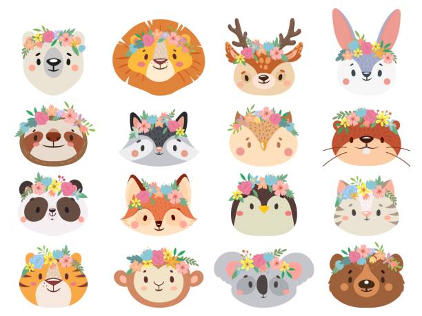 Funny animals in flower wreaths. Happy animal head with flower, fun cat and pet face in wreath vector set Funny animals in flower wreaths. Happy animal head with flower, fun cat and pet face in wreath. Pets and forest animals character face in flower crown stickers. Isolated vector icons set bear face stock illustrations