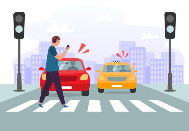 Crosswalk accident. Pedestrian with smartphone and headphones crossing road on red traffic lights, road safety vector illustration Crosswalk accident. Pedestrian with smartphone and headphones crossing road on red traffic lights, road safety. Car vehicle accident danger, street traffic rules vector illustration pedestrian stock illustrations