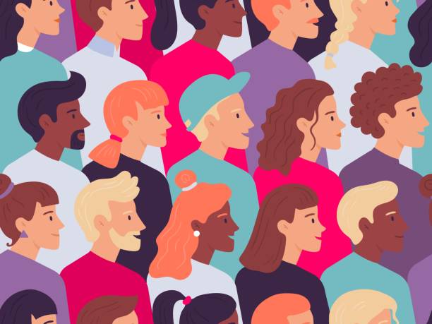 ilustraciones, imágenes clip art, dibujos animados e iconos de stock de patr�ón de personas de perfil sin costuras. cara sy mujer cara lado retrato multitud, jóvenes perfiles retratos ilustración vectorial - crowd community large group of people protest