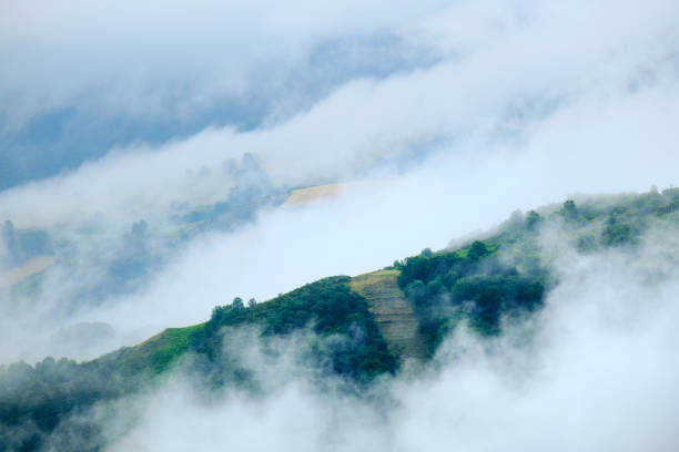 vista di montagne e paesaggio con nuvole in spagna - meteorology rain fog forest foto e immagini stock